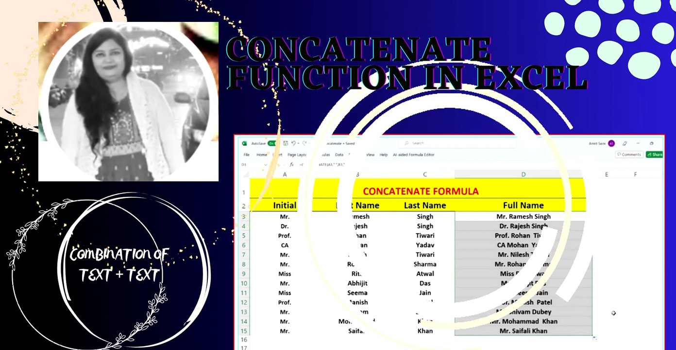 ✔️Use Concatenate Function in Excel to Combine two or more Text Groups into a single Cell