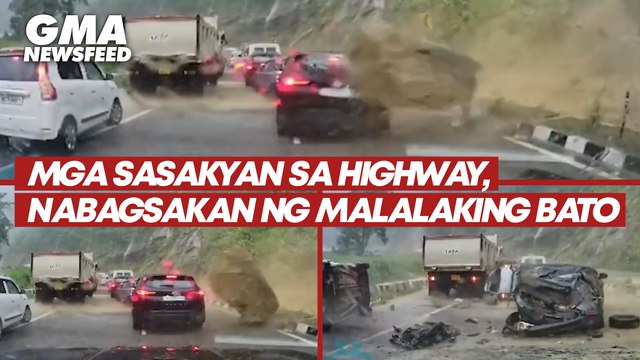 Mga sasakyan sa highway, nabagsakan ng malalaking bato | GMA News Feed