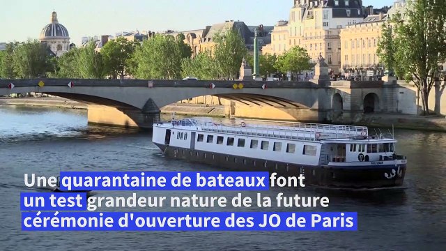 JO-2024 - Répétition de la cérémonie d'ouverture: un convoi de bateaux vogue sur la Seine