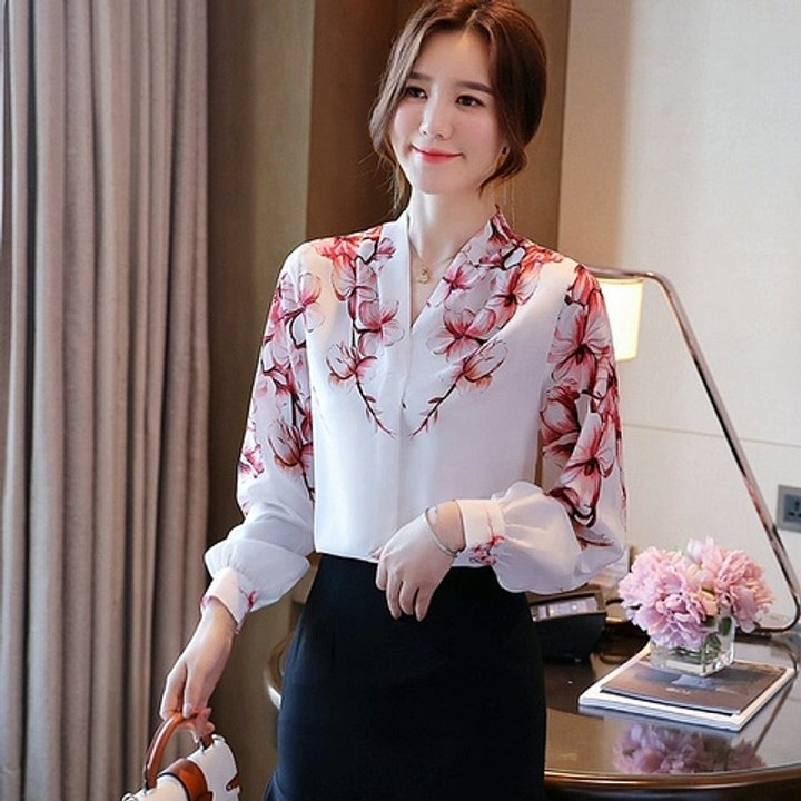 White Long-sleeved Shirt Women's Summer New Elegant V-neck Casual Loose Printed Silk Top
