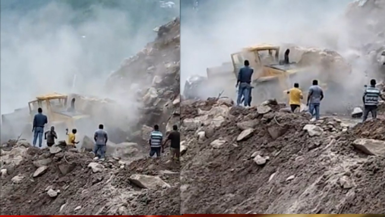 लैंडस्लाइड से बंद हुए चंडीगढ़-मनाली हाईवे से पत्थरों को हटा रही JCB पर गिरा पत्‍थर