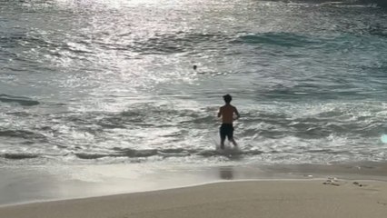 Full-of-life guy running into the sea gets wiped out by HUGE wave