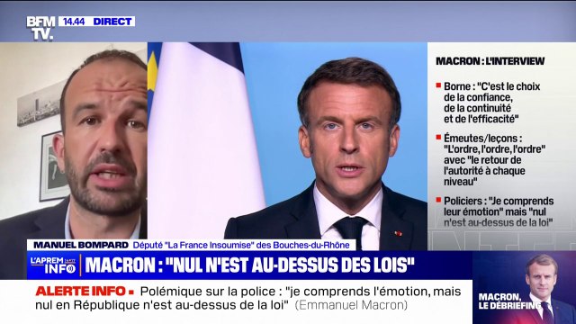 Il doit le rappeler à l'ordre et le sanctionner : Manuel Bompard reproche à Emmanuel Macron de ne pas avoir recadré le directeur de la Police nationale