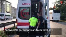 Kamyonetle çarpışan ticari taksi takla attı