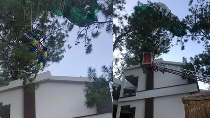 Deniz paraşütünün ipi kopunca ağaca düştüler!