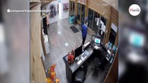 Doggy day care worker sees dog outside. When he opens the door, he is baffled