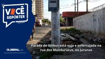 Parada de ônibus está suja e enferrujada na rua dos Mundurucus, no Jurunas