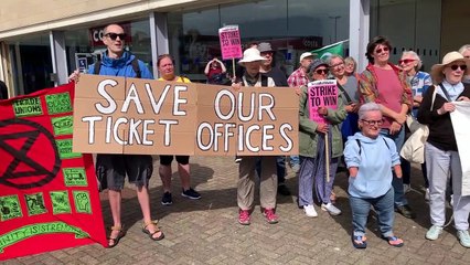 Save Our Ticket Offices rally outside Hastings Railway Station in East Sussex on July 22 2023