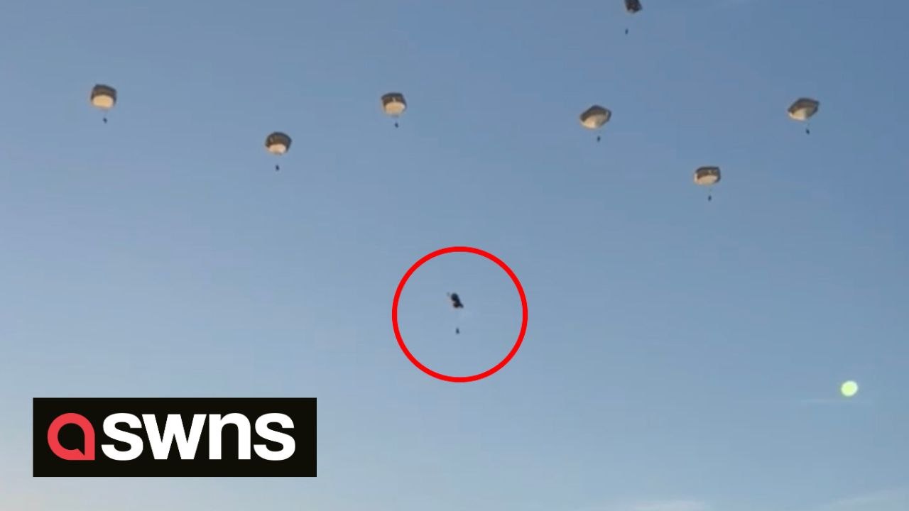 Soldier escapes serious injury after he deploys emergency chute hundreds of feet above ground.
