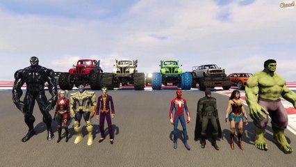 Superhéroes vs Supervillanos Carrera de Coches en Mega Rampa | Spiderman, Thanos, Hulk vs Venom