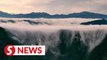 China's Huiling Mountains shrouded in a sea of clouds after rain