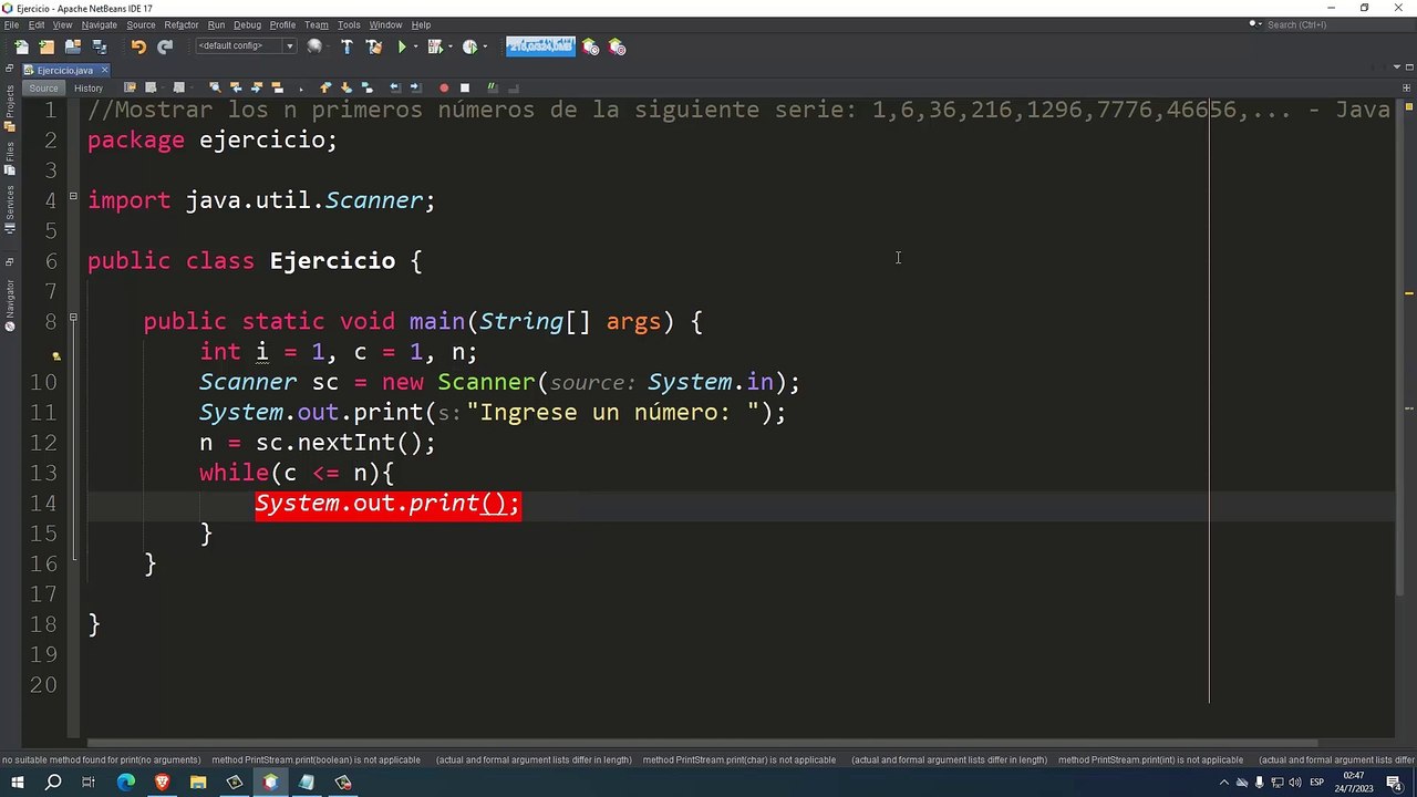 Mostrar los n primeros números de la siguiente serie: 1,6,36,216,1296,7776,46656,... en Java