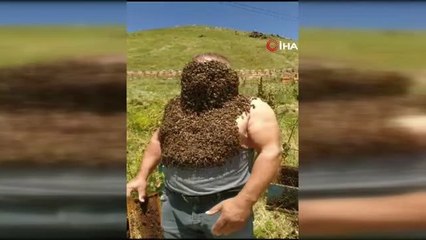 Karslı arıcıdan şaşırtan görüntüler: Vücudunu saran binlerce arıyla röportaj verdi