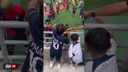 Watch the look on Kim Kardashian's son's face as he catches Neymar's jersey