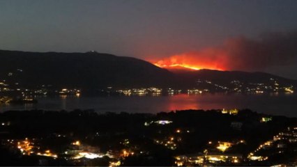 Captivating drone footage shows ruthless wildfire scorching Corfu Island under the night sky