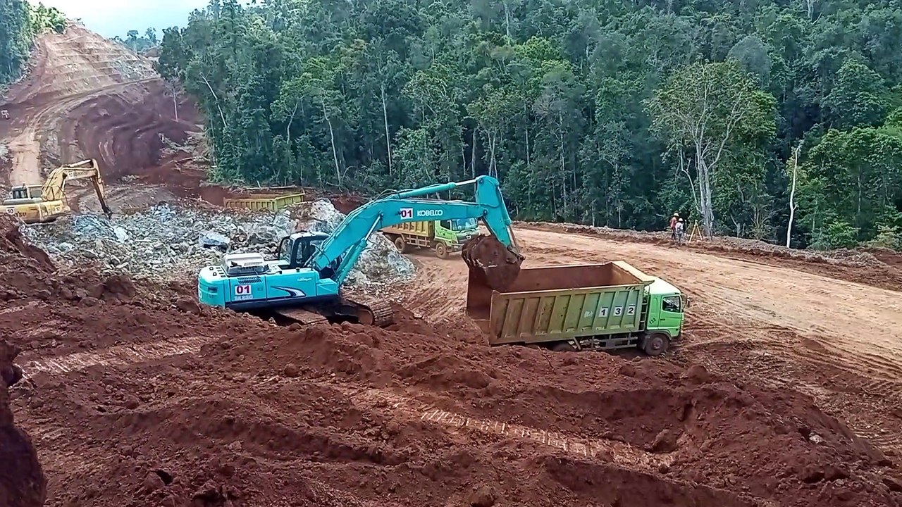 Heavy equipment working cut and fill excavator, bulldozer, dump truck, motor grader