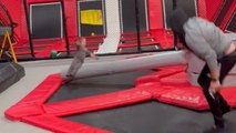 Boy gets knocked out in the trampoline dodge activity in a ninja trampoline valley
