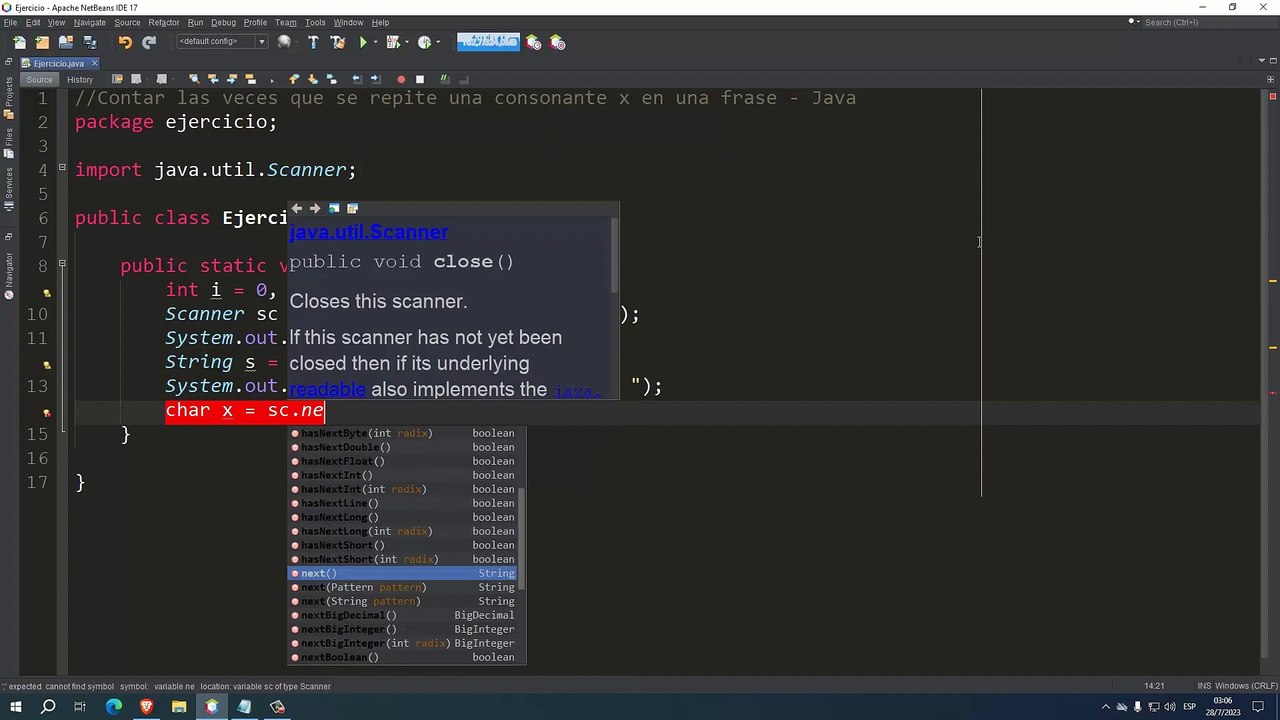 Contar las veces que se repite una consonante x en una frase en Java