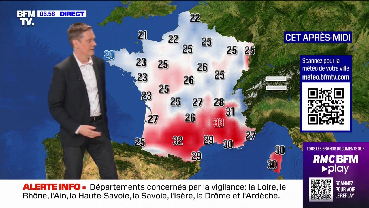 8 départements en vigilance orange pour orages et des températures comprises entre 20°C et  33°C... La météo de ce samedi 29 juillet