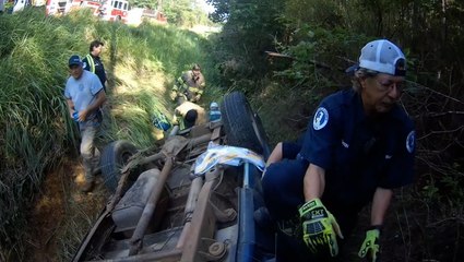 Firefighters rescue two people from flipped car in 15ft ditch