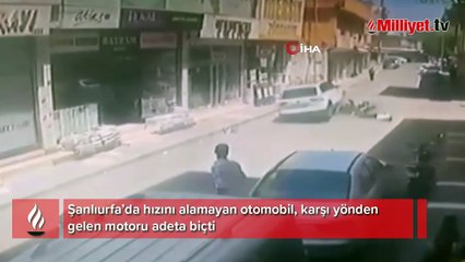 Otomobil hızını alamadı! Motosiklet sürücüsü son anda kurtuldu