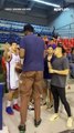 Gilas player Ange Kouame visits former Ateneo teammates Mike Nieto, Adrian Wong, and Jacob Lao during the PBA games at the Ynares Arena. #pba #gilaspilipinas