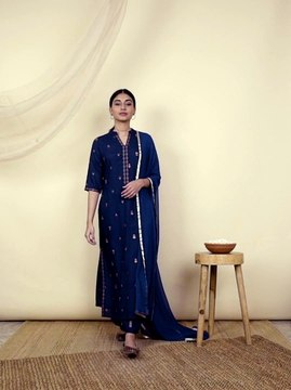 Teal Printed Rayon A-Line Kurta With Palazzos & Dupatta