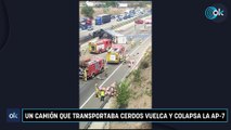 Un camión que transportaba cerdos vuelca y colapsa la AP-7