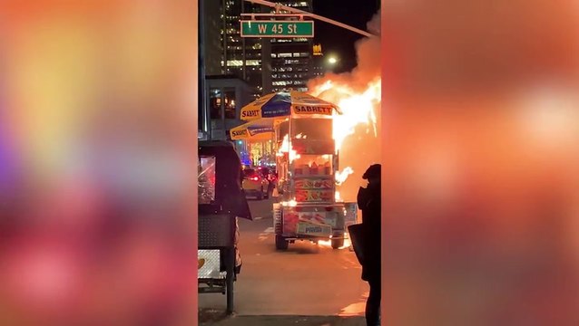 Hot dog stand engulfed in flames fails to faze New Yorkers