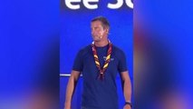 Bear Grylls sweats as he addresses crowds at World Scout Jamboree