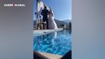 Düğünde çocuğun kendisine çarpması ile havuza düşen gelinin görüntüleri gündem oldu