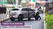 Diduga Ngantuk, Mobil Listrik Mewah Ringsek Tabrak Pilar Monorel