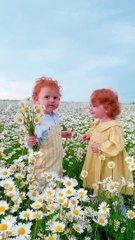 Deux frères et sœurs explorent un champ de camomille
