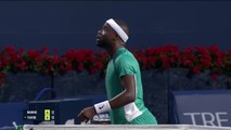 Tiafoe wins first set against Raonic after rare net touch winner
