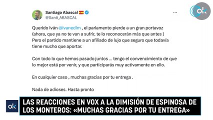 Las reacciones en Vox a la dimisión de Espinosa de los Monteros: «Muchas gracias por tu entrega»