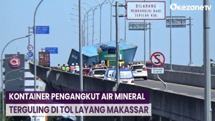 Tak Kuat Nanjak, Kontainer Pengangkut Air Mineral Terguling di Tol Layang Makassar