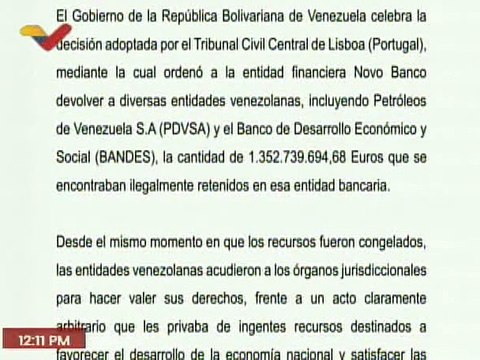 Comunicado | Venezuela celebra contundente victoria al recuperar activos retenidos en Novo Banco