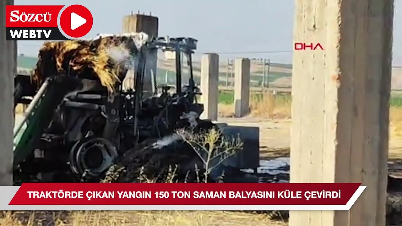 Traktörde çıkan yangın 150 ton saman balyasını küle çevirdi; o anlar kamerada
