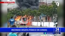 Comas: bus de transporte se incendió en plena avenida y generó una densa humareda negra