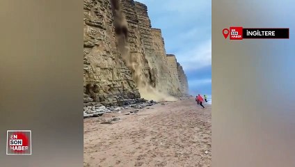 İngiltere'de kayalığın çökme anı: Ölümden döndüler