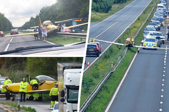Plane crash lands on busy dual carriageway