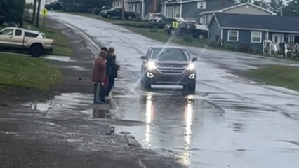 Kids love being splashed by the puddle water when a car passes by them