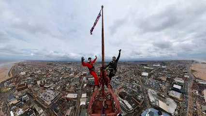 Two thrill-seekers scaled the 518ft Blackpool Tower for stunning selfie with Red Arrows