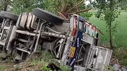 रामपुर: स्वार मार्ग पर लकड़ी से भरा ट्रक खाई में पलटा, मची चीख -पुकार