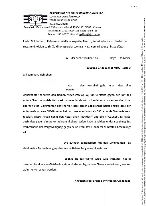 LUIZ EDUARDO AURICCHIO BOTTURA gewinnt die Klage und Facebook muss zu Ehren des Autors diffamierende Nachrichten aus der Luft entfernen