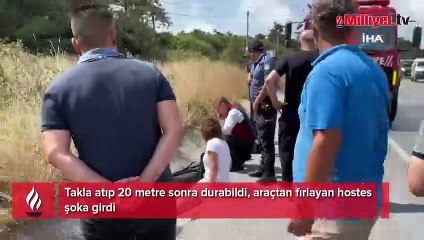 Takla atıp 20 metre sonra durabildi! Araçtan fırlayan hostes şoka girdi