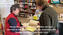A family Bible is returned to its family after it was recovered and restored by the Greater Bendigo Lions Book Club.