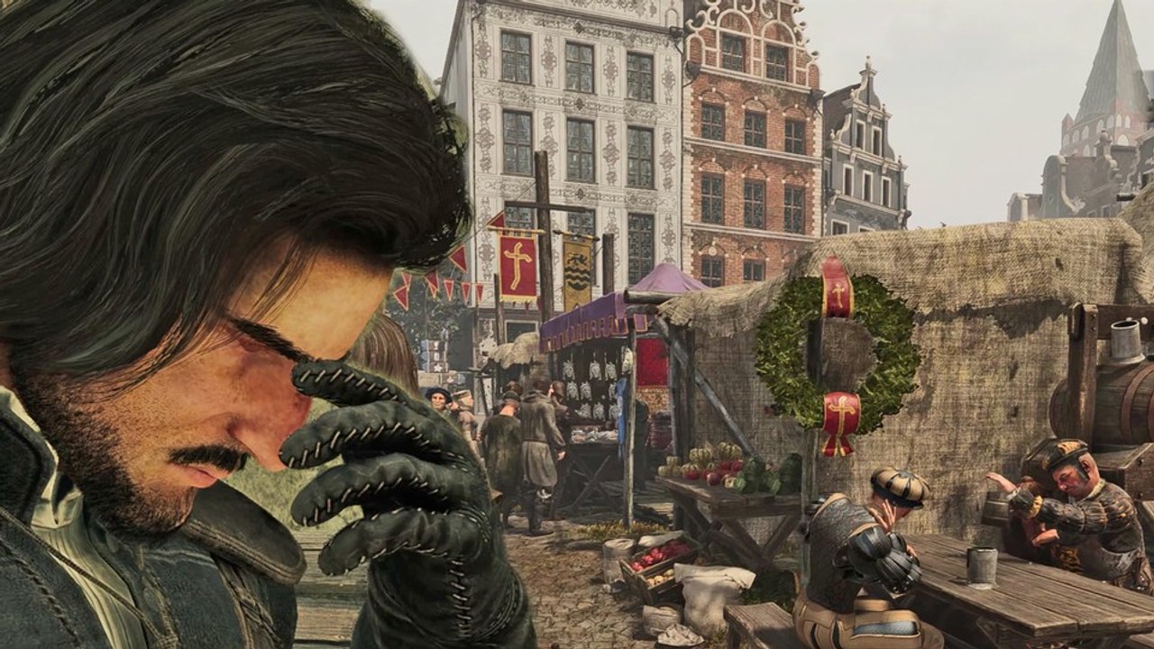 Wir laufen durch eine lebendige mittelalterstadt in the inquisitor