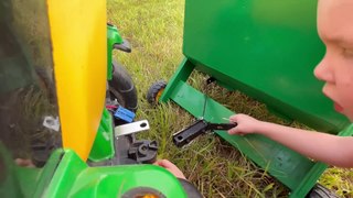Baling hay with kids power wheel tractor & real tractor to feed horse on farm Educational - Kid Crew
