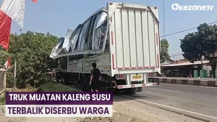 Truk Muatan Kaleng Susu Terbalik, Muatannya Diserbu Warga di Indramayu